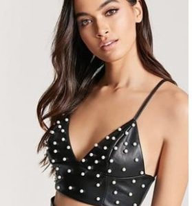 Simplee Pu leather pearl crop top women Strap backless camisoles tanks Summer style streetwear cropped sexy top female