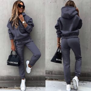 Women's Casual 2-Piece Tracksuit, Solid Color Hooded Sweatshirt And Slim Fit Jogger Pants For Autumn And Winter