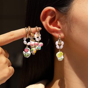 European And American Blue-and-White Porcelain Floral Pearl Earrings Sweet Womens Copper Ear Clips