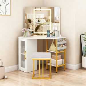 Corner Vanity Desk With Mirror And Lights Makeup Dressing Table With Triple Mirror