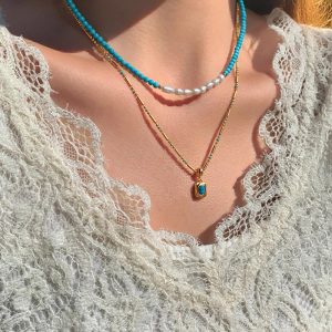 Natural Turquoise-Colored Pendant With Mother-of-Pearl Beads Necklace