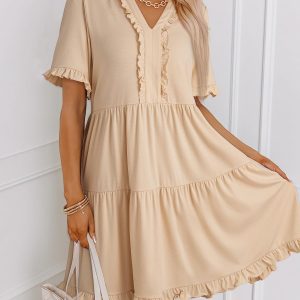 Womens Dresses Summer Spring V Neck Short Sleeve Casual A Line Flowy Swing Dress Mini Dress