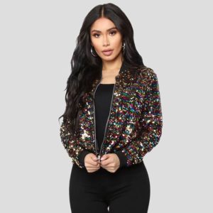 Women's Sequins Zipper Clothes Long Sleeve Cardigan Jacket